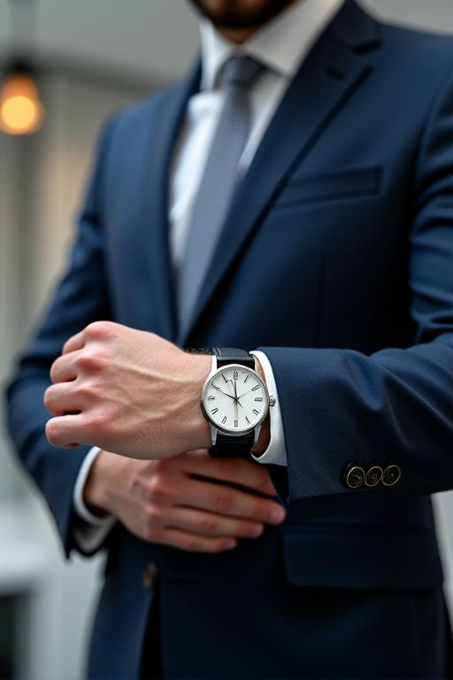 Uomo in abito da lavoro che controlla l'ora sul suo orologio classico