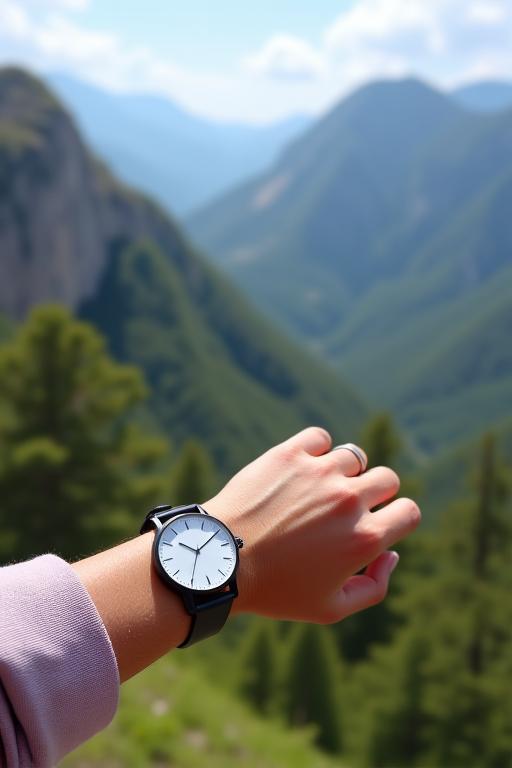 Orologio minimalista indossato da un viaggiatore davanti a un paesaggio